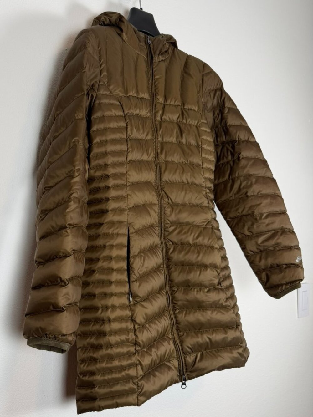 Eddie Bauer Women’s Small Long Down Puffer Coat Hooded Olive Brown